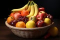 A cornucopia of flavors, as banana, peach, apple, and orange meet in a fruit basket