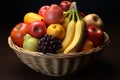 A cornucopia of flavors, as banana, peach, apple, and orange meet in a fruit basket