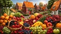 Cornucopia of fruits and vegetables in the village in autumn season.Thanksgiving or fall harvest festival. Royalty Free Stock Photo