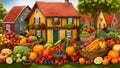 Cornucopia of fruits and vegetables in the village in autumn season.Thanksgiving or fall harvest festival. Royalty Free Stock Photo