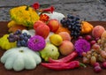 Cornucopia, spring harvest of vegetables and fruits, still life, concept of Thanksgiving day or Halloween