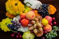 Cornucopia spring harvest of vegetables and fruits, still life, flat lay