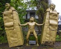 Topple Oppression Statue at Trago Mills in Cornwall, UK