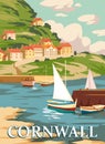 Cornwall Vintage Poster, South West England, United Kingdom. Travel poster coast, buikdings, sailboats. Vector