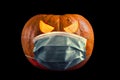 Corona Halloween Pumpkin isolated Pumpkins wearing face masks . Covid-19 virus For Halloween 2020 decoration, invitations,