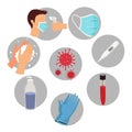 Collection of flat, color, vector icons. Coronavirus and epidemy protection. Royalty Free Stock Photo