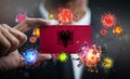 Corona Virus Around Albania Flag. Concept Pandemic Outbreak in Country