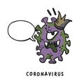 Corona virus character. corona virus macotte in cartoon style with speach bubblle