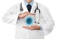 Corona virus covid 19 protection concept, doctor hands with blue covid symbol icon isolated on the white background, copy space Royalty Free Stock Photo