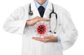 Corona virus covid 19 protection concept, doctor hands with red covid symbol icon isolated on the white background, copy space and