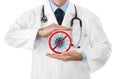 Corona virus covid 19 protection concept, doctor hands with stop covid symbol icon isolated on the white background, copy space