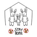 Corona virus covid 19 self isolate cute bunny gay family infographic sign. Broadcast quarantine support. Medical poster