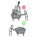 Corona virus covid 19 stickman shopping cart infographic. Right and wrong shopping. Medical healthcare graphic clip art