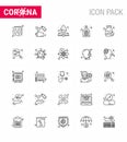 Corona virus disease 25 line icon pack suck as medicine bottle, hand sanitizer, handbook, hand, cream