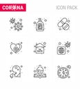 Coronavirus awareness icons. 9 Line icon Corona Virus Flu Related such as risk, medical, hand sanitizer, love, care