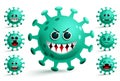 Corona virus emojis vector set. Green covid-19 coronavirus smiley emojis and emoticons.