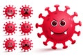 Corona-virus emojis vector set. Red covid-19 virus smiley emojis and emoticons.