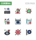 9 Filled Line Flat Color coronavirus epidemic icon pack suck as dropper, drug, safety, microorganism, covid