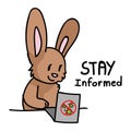 Corona virus kids cartoon stay informed cute bunny laptop infographic. Educational graphic self isolate family. Friendly