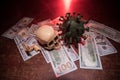 Corona virus miniature and money on wooden table with fog and backlight. Creative artwork decoration. Selective focus Royalty Free Stock Photo