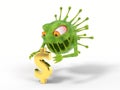 Corona virus monster attacks to dollar sign. 3D illustration, cartoon virus character