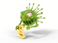 Corona virus monster attacks to euro sign. 3D illustration, cartoon virus character