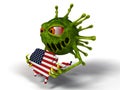 Corona virus monster destroys america map. 3d illustration