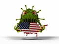 Corona virus monster destroys america map. 3d illustration