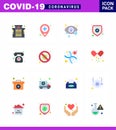Coronavirus awareness icons. 16 Flat Color icon Corona Virus Flu Related such as bacteria, telephone, eye infection, medical