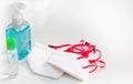 Corona virus prevention surgical masks, and hand sanitizer gel, liquid handwash soap for hand hygiene Royalty Free Stock Photo