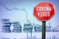 Corona virus sign on economy background - graph and coins