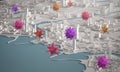 Corona Virus Spreading Across City Concept. 3D Rendering Aerial View Miniature City Buildings