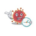 Coronaviridae mascot design concept smiling with clock Royalty Free Stock Photo