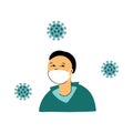 Flat illustration Wuhan Novel coronavirus 2019-nCoV, man in colorful suit with white medical face mask isolated on white backgro