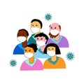 Flat illustration Wuhan Novel coronavirus 2019-nCoV, woman and man in colorful suit with white medical face mask on white backgr