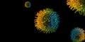 Coronavirus alert. Pathogenic cells under microscope, black background. 3D illustration with empty space. Panorama