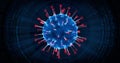Coronavirus analysis as 3D holographic model on dark blue tech background.