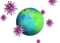 Coronavirus attack Earth. Watercolor hand drawn background with globe and virus from Wuhan, China