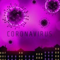 Coronavirus attention background. Microscopic bacterium covid-19. World global pandemic. Vector illustration EPS10.