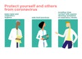 Coronavirus awareness concept. Hand drawn illustration, poster, flyer. Doctors with infection prevention tips