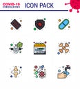 9 Filled Line Flat Color Set of corona virus epidemic icons. such as date, warning, capsule, vacation, airplane