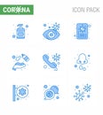 Coronavirus awareness icons. 9 Blue icon Corona Virus Flu Related such as doctor, call, report, washing, hands spray