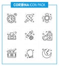Coronavirus awareness icons. 9 Line icon Corona Virus Flu Related such as dropper, tissue, ribbon, napkin, injury