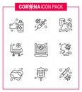 Coronavirus awareness icons. 9 Line icon Corona Virus Flu Related such as file, wheels, hands, hospital, strature