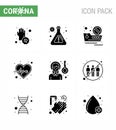 CORONAVIRUS 9 Solid Glyph Black Icon set on the theme of Corona epidemic contains icons such as headache, health care, banned