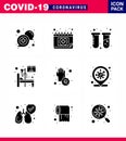 Coronavirus awareness icons. 9 Solid Glyph Black icon Corona Virus Flu Related such as virus, medical, schudule, hospital, lab