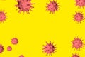 Coronavirus background with a copy of the space. A group of pink viruses on a yellow background. 3D-model