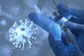 coronavirus background with doctor hand wearing the blue surgical glove and holding covid-19 vaccine Royalty Free Stock Photo
