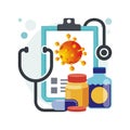 Coronavirus Bacteria with checklist, stethoscope pills and capsules.