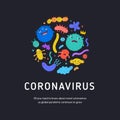 Coronavirus banner, various kinds of viruses and bacteria, cute cartoon characters, covid-19, vector background template